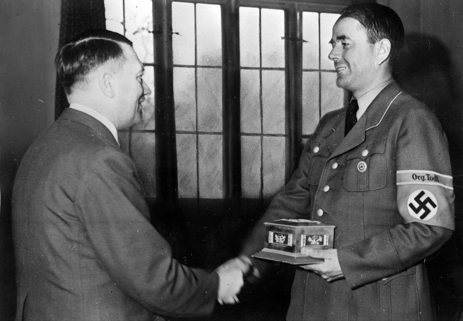 Adolf Hitler presents Speer with the Dr. Todt Ring at the Fuhrerhauptquartier Werewolf
